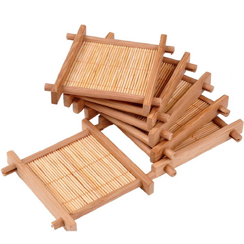 CJ268 Natural 1pc 100% Bamboo Wood Trays For Tea Trays 7cm*7cm Creative Chinese Word Jing Concave Cup Mat Secondary image