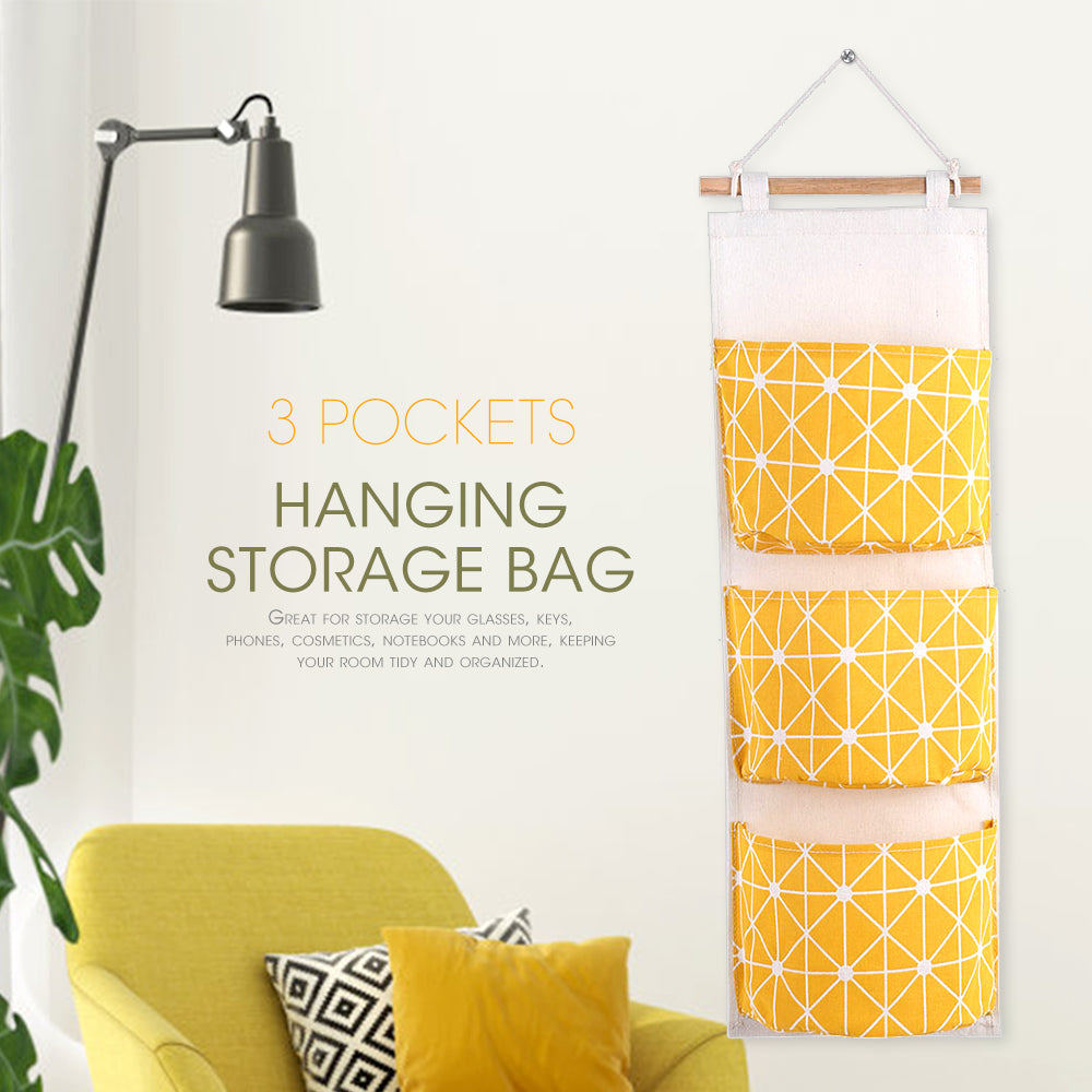 3 Pockets Cotton Linen Wall Hanging Storage Bags Door Pouch Bedroom Home Storage Pocket Home Decor Hanging Bag