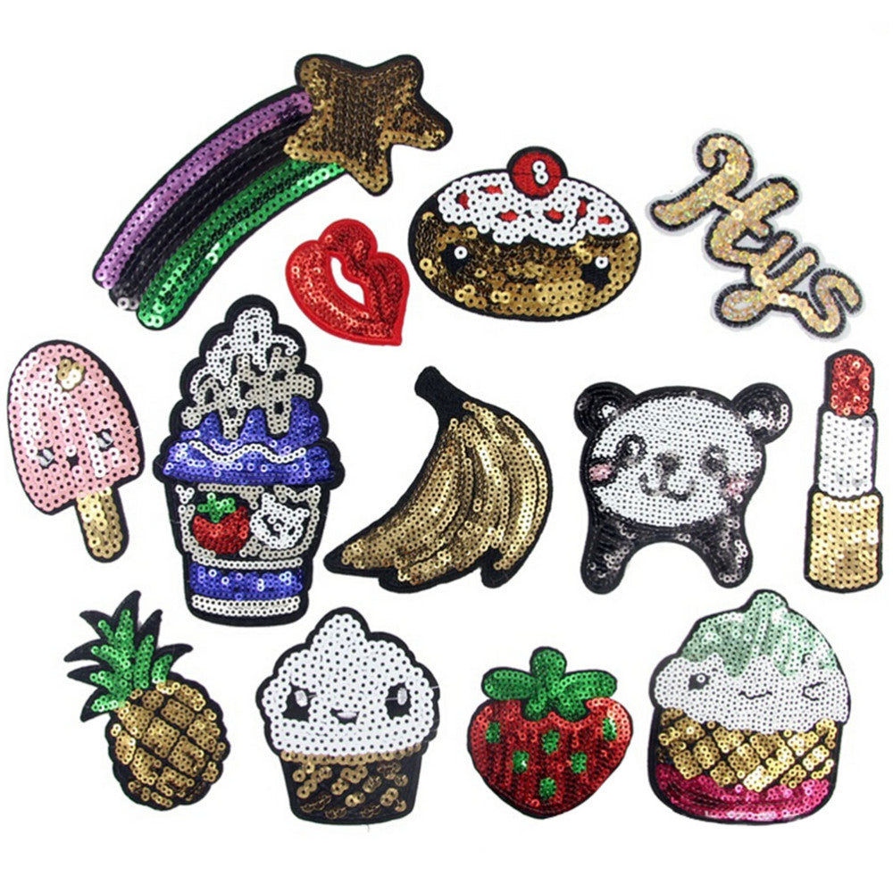 Cute Sequins Cartoon Fruit lip panda Patches embroidered patches for clothes wedding clothing DIY patchwork fabric