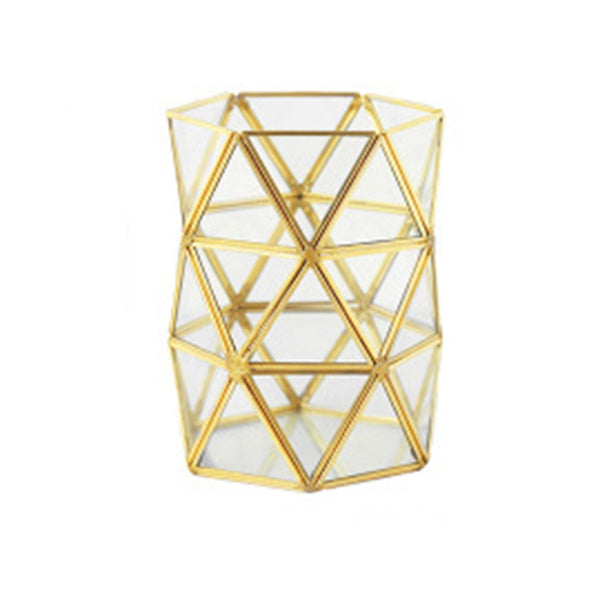 Retro Brass Storage Tray Golden Polygon Glass Makeup Organizer Tray Dessert Snack Plate Jewelry Display Stand Home Kitchen Decor