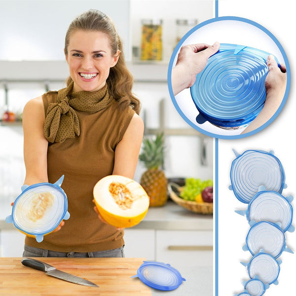 6pcs/set Silicone Lids Durable Reusable Food Save Cover Heat Resisting Fits All Sizes and Shapes of Containers