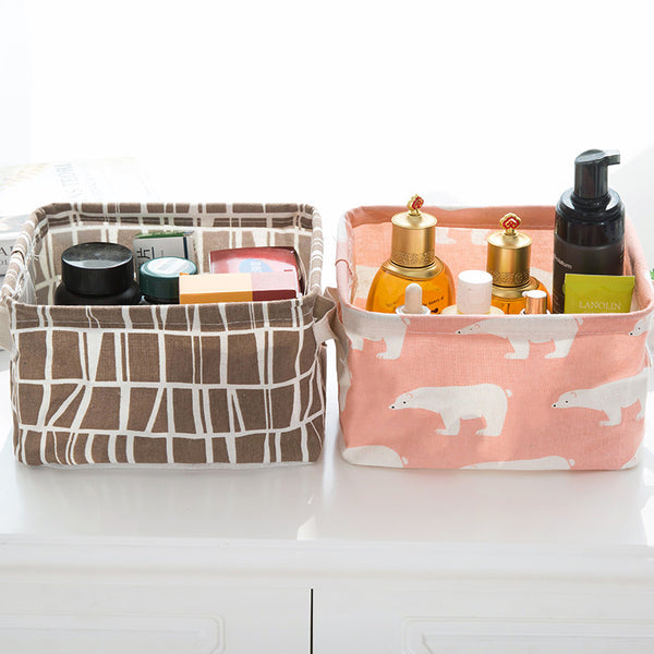 Desktop Storage Basket Cute Printing Waterproof Organizer Cotton Linen Sundries Storage Box Cabinet Underwear Storage Bag