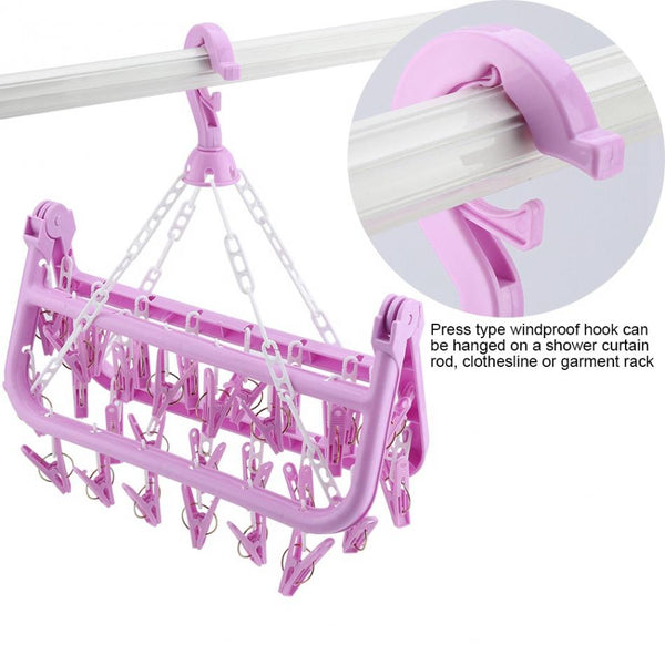 32 Clips Folding Clothes Hanger Dryer Windproof Socks Underwear Drying Rack Children
