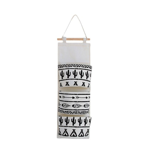 Black white Pattern Cotton Linen Hanging Storage Bag 3 Pockets Wall Mounted Wardrobe Hang Bag Wall Pouch Cosmetic Toys Organizer