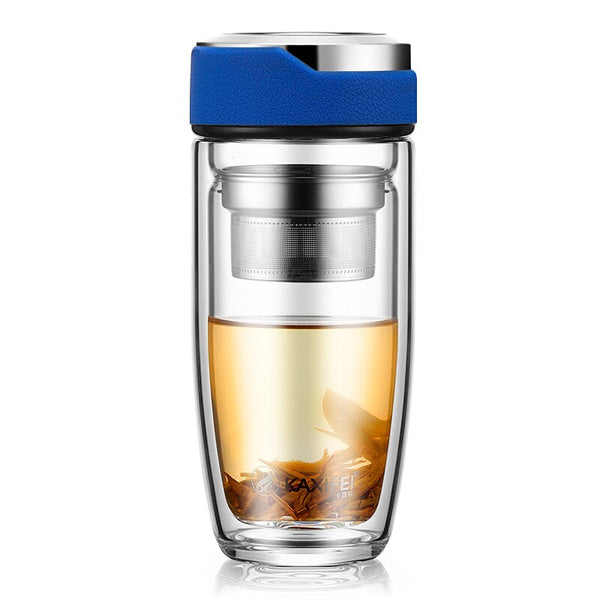 Double Layer Glass Water Bottle Tea Fruit flower bottle Transparent Water Bottles With 304 stainless Steel Infuser