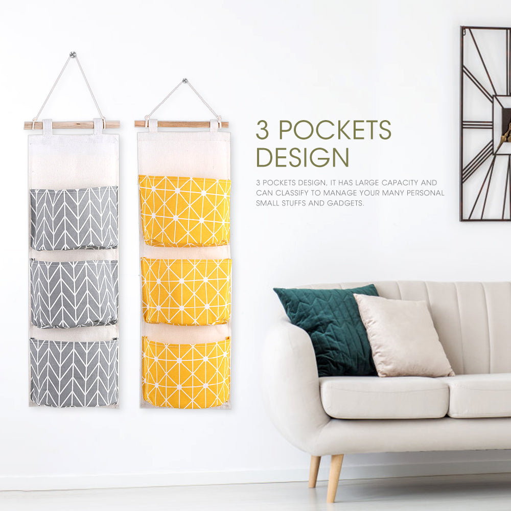 3 Pockets Cotton Linen Wall Hanging Storage Bags Door Pouch Bedroom Home Storage Pocket Home Decor Hanging Bag