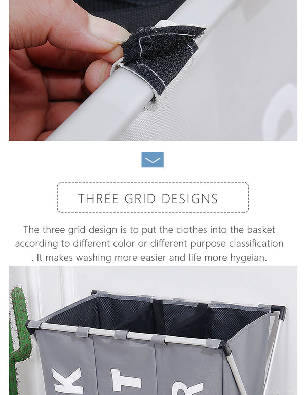 Collapsible Dirty clothes laundry basket Three grid bathroom laundry hamper Organizer home office metal storage basket