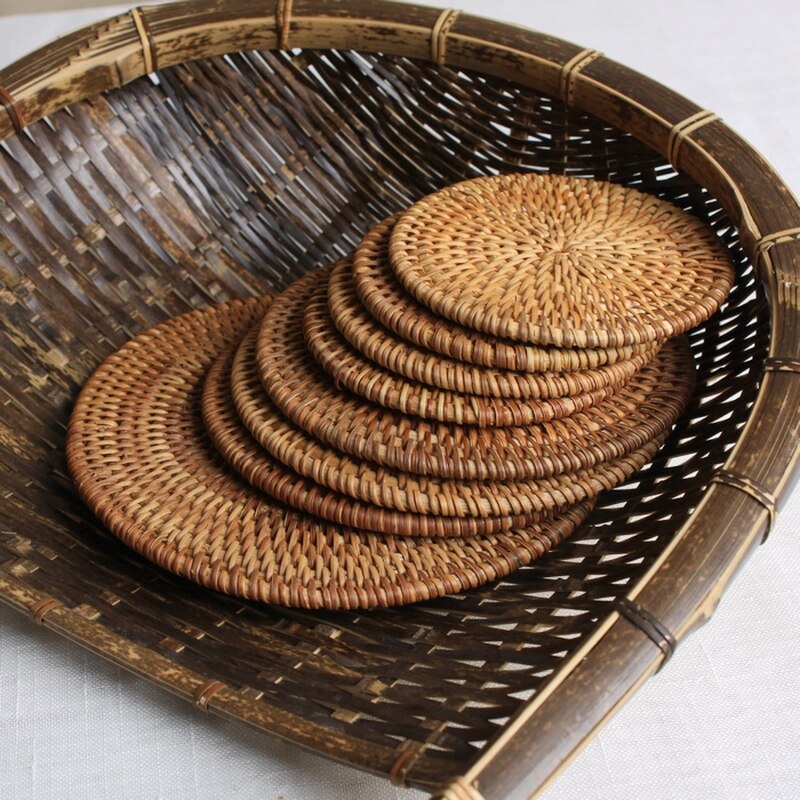 Rattan Cup Coasters Set Pot Pad Table Mat 6 Sizes Porta Copos Placemats Home Decoration Vintage Bamboo Handmade Main image
