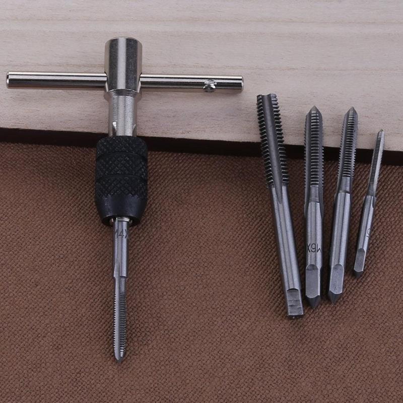 6pcs T-type Machine Hand Screw Tap Wrench M3/M4/M5/M6/M8 Tap Die Set Straight Fluted Screw Thread Metric Plug Tap Drill