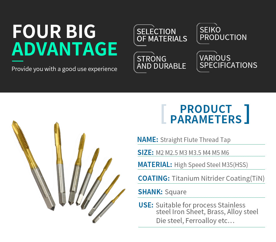 1pc M2/M2.5/M3/M3.5/M4/M5/M6 Titanium Coated Hand Tap HSS Metric Straight Flute Thread Screw Tap