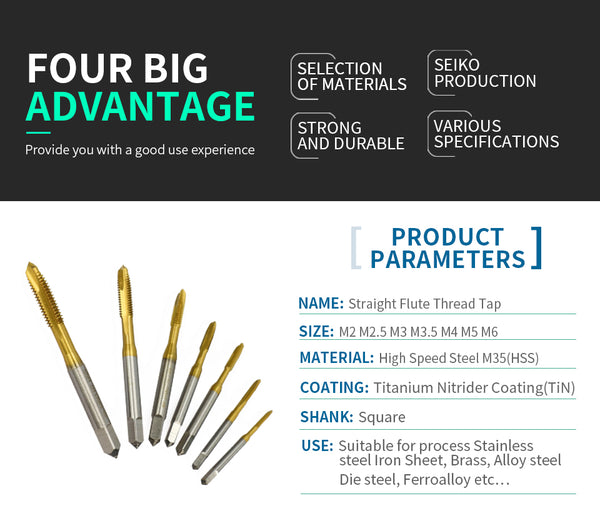 1pc M2/M2.5/M3/M3.5/M4/M5/M6 Titanium Coated Hand Tap HSS Metric Straight Flute Thread Screw Tap