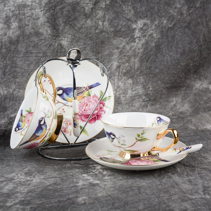 Pastoral Flower Bird Bone China Tea Cup Saucer Spoon Set 200ml British Cafe Porcelain Coffee Cup Advanced Ceramic Teacup Secondary image