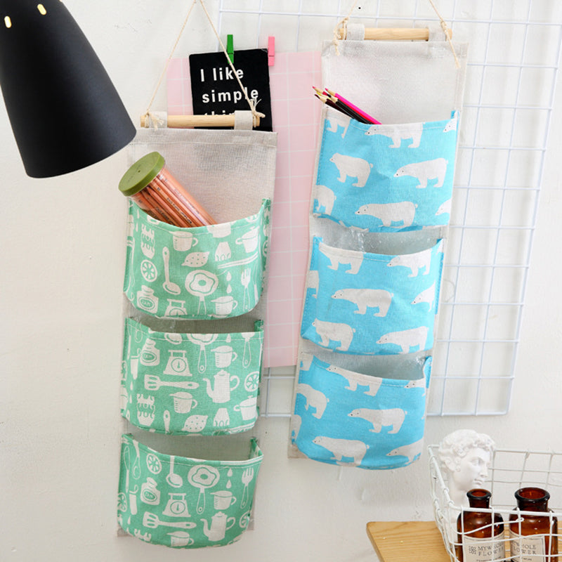 Pattern Cotton Linen Hanging Storage Bag 3 Pockets Wall Mounted Wardrobe Hang Bag Wall Pouch Cosmetic Toys Organizer Main image