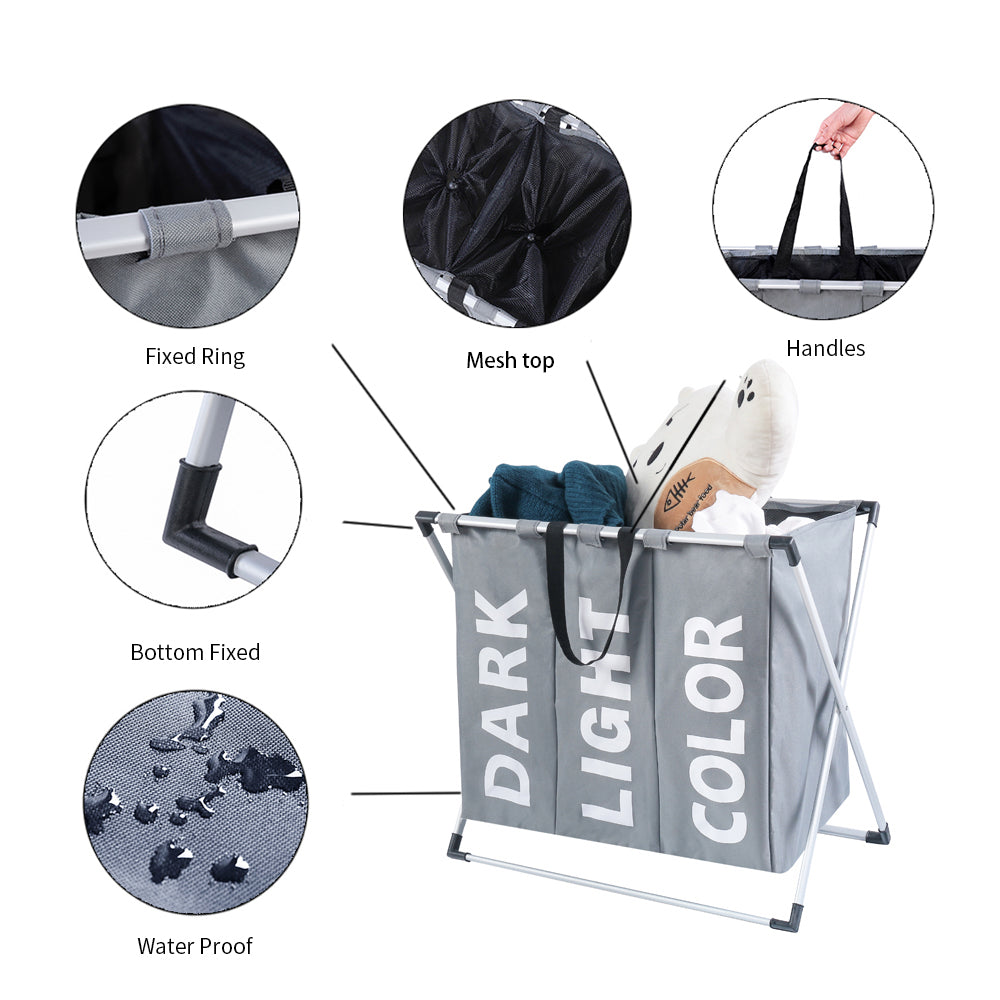Collapsible Dirty clothes laundry basket Three grid bathroom laundry hamper Organizer home office metal storage basket Secondary image