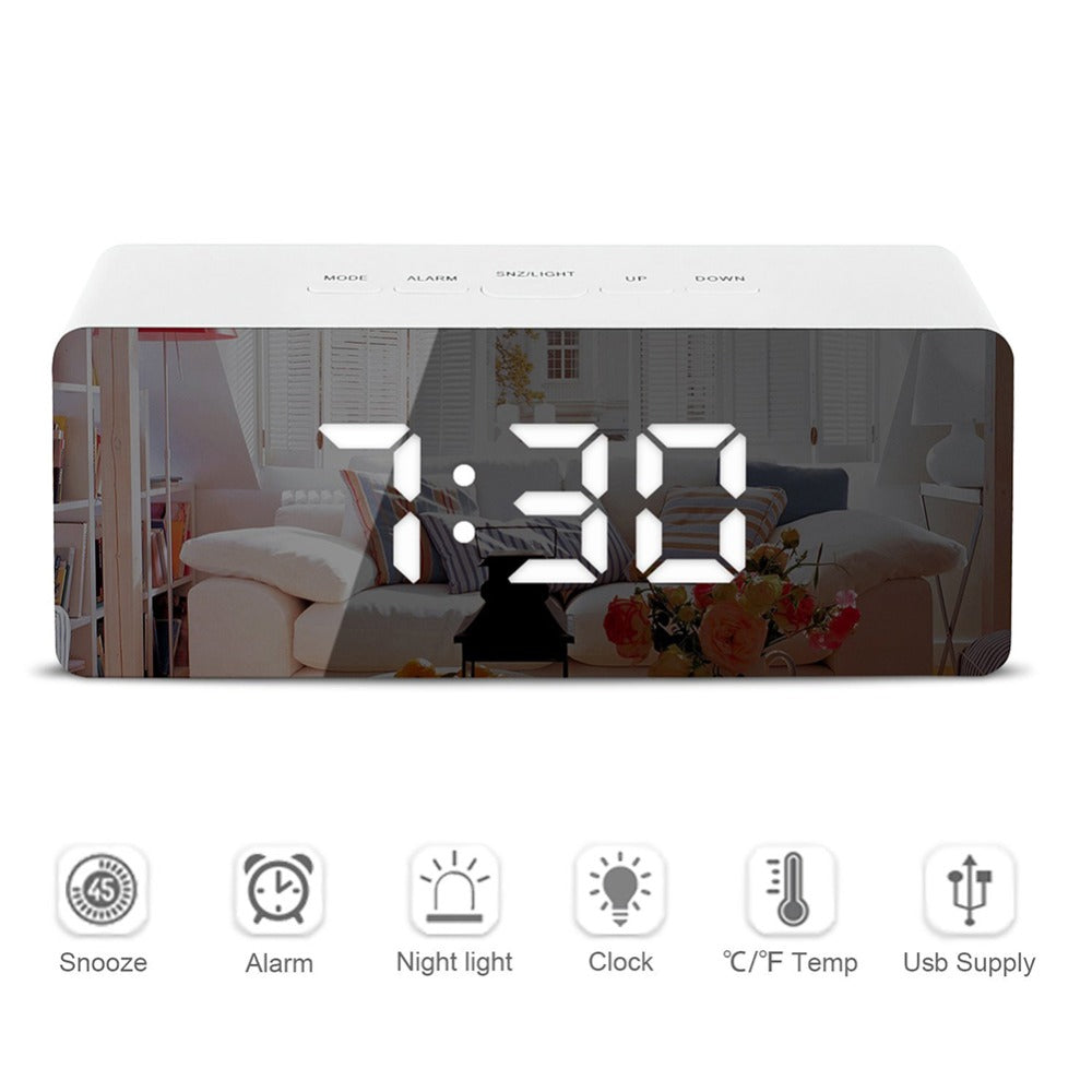LED Mirror Alarm Clock Digital Snooze Table Clock Wake Up Light Electronic Large Time Temperature Display Home Decoration Clock Main image