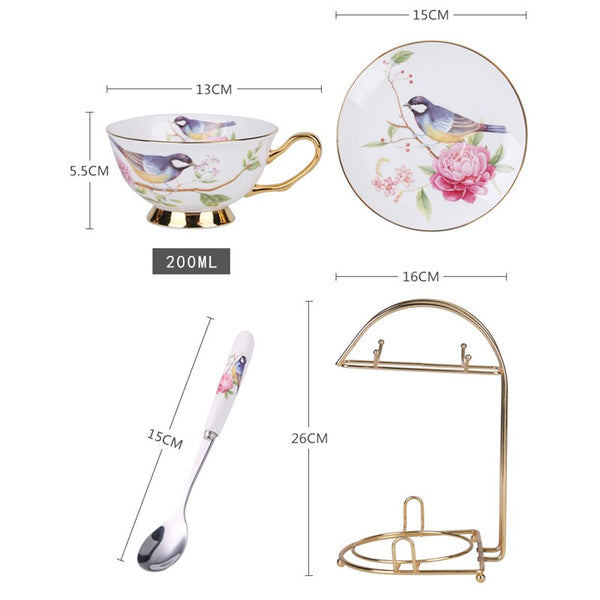 Pastoral Flower Bird Bone China Tea Cup Saucer Spoon Set 200ml British Cafe Porcelain Coffee Cup Advanced Ceramic Teacup