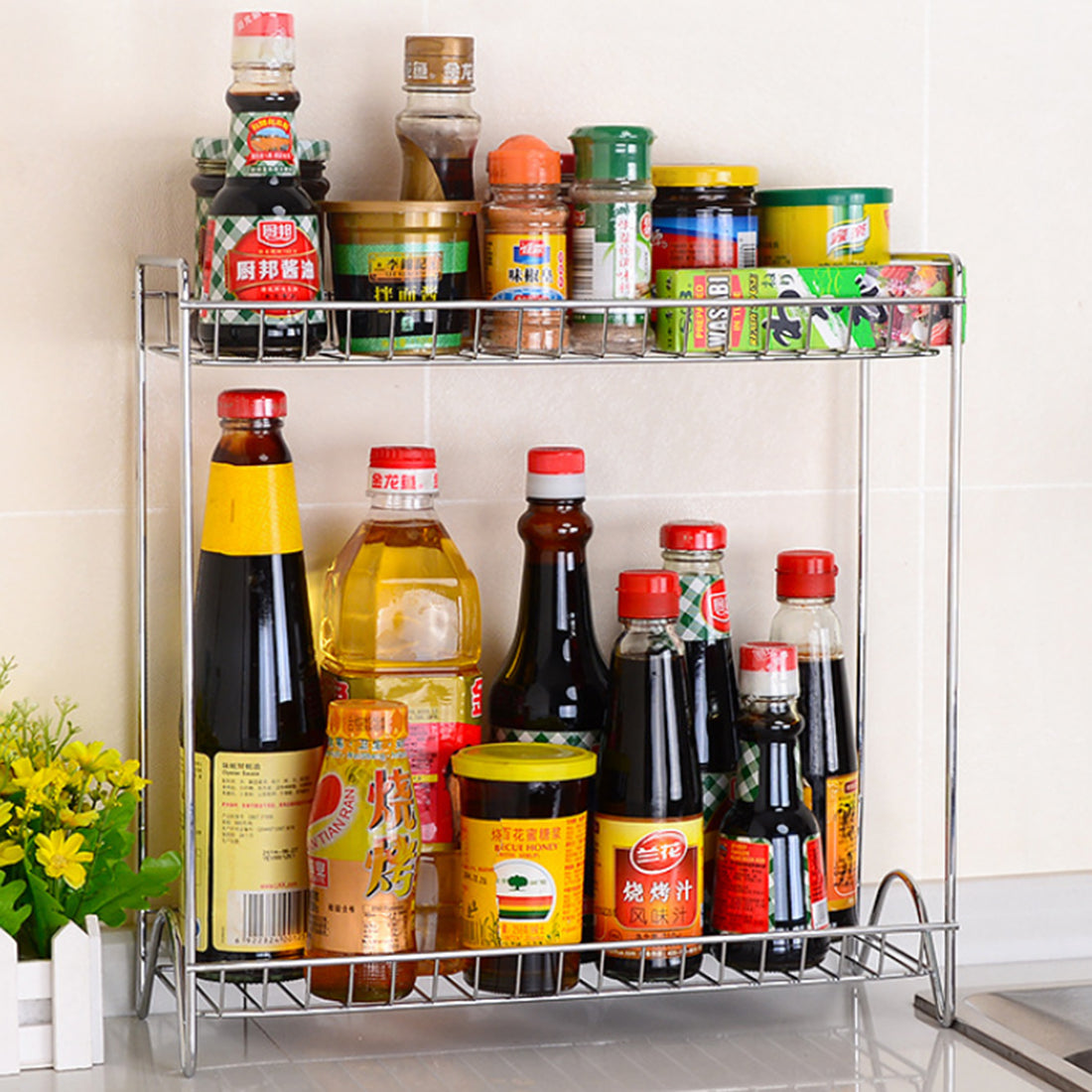 Two Layers Stainless Steel Detachable Storage Shelf Rack Home Kitchen Seasoning Holder Organizer - Silver Secondary image