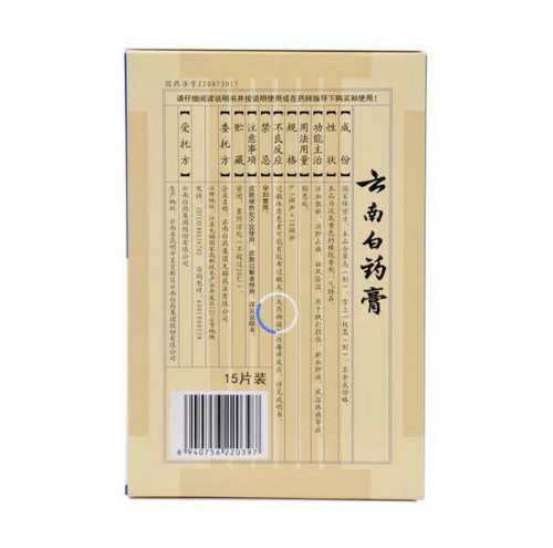 YunNanBaiYao Gao Huo Xue San Yu Xiao Zhong Zhi Tong 云南白药膏活血散瘀消肿止痛膏跌打损伤风湿疼痛贴15片/盒 Main image