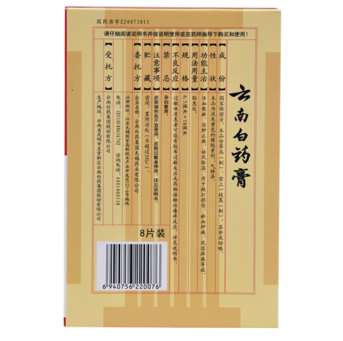 YNBY Gao Tie Huo Xue San Yu Xiao Zhong Zhi Tong云南白药膏贴活血散瘀 消肿止痛 祛风除湿 8片装